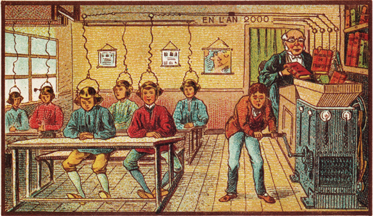 Mokykla 2000 metais. Dailininko Villemardo meninė vizija., Atvirukas, 1910 m., Prancūzija.